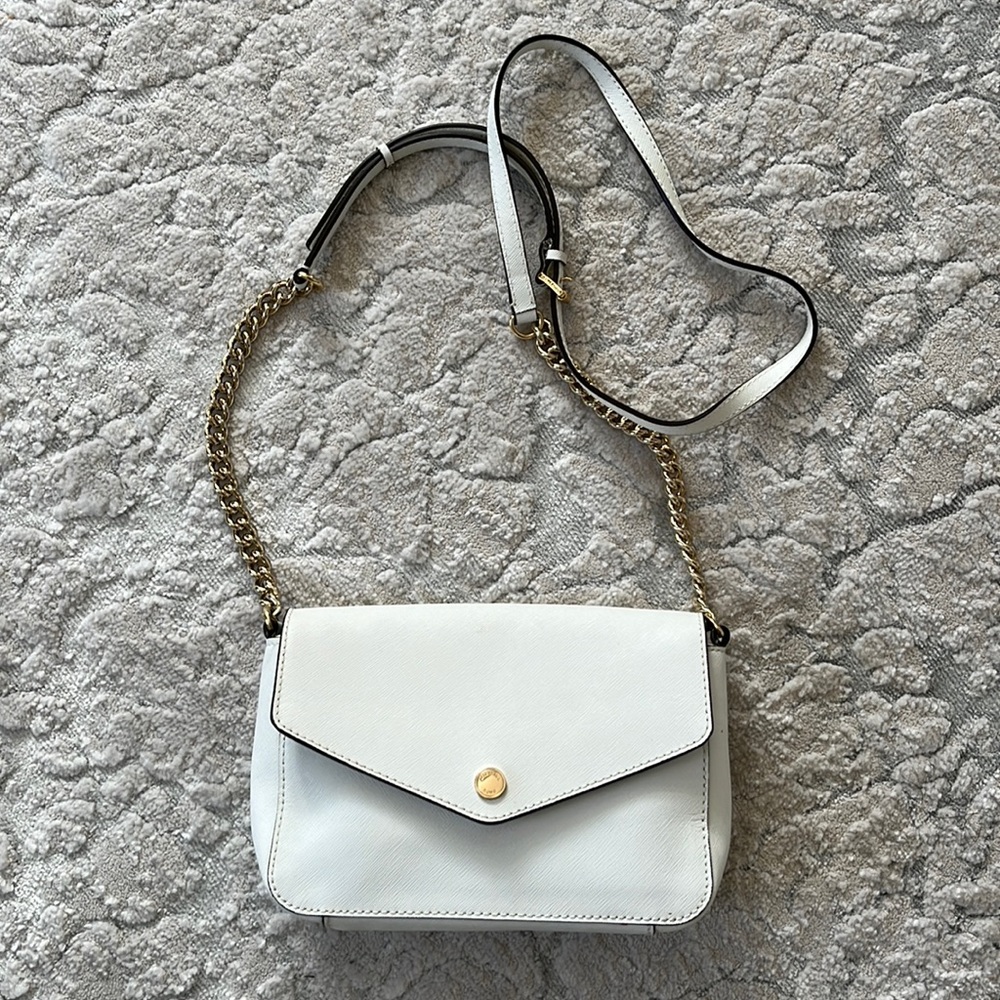 Michael Kors white leather purse with leather and gold chain